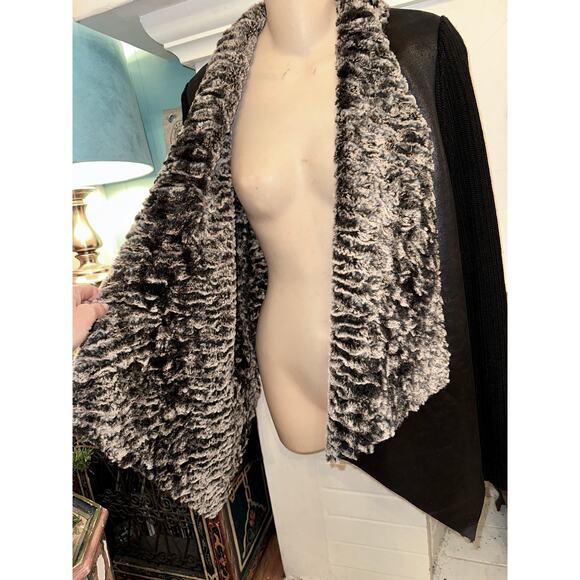 DOLCE CABO FAUX FUR LINED ASYMMETRIC MIXED MEDIA CARDIGAN SWEATER JACKET M - Picture 5 of 9